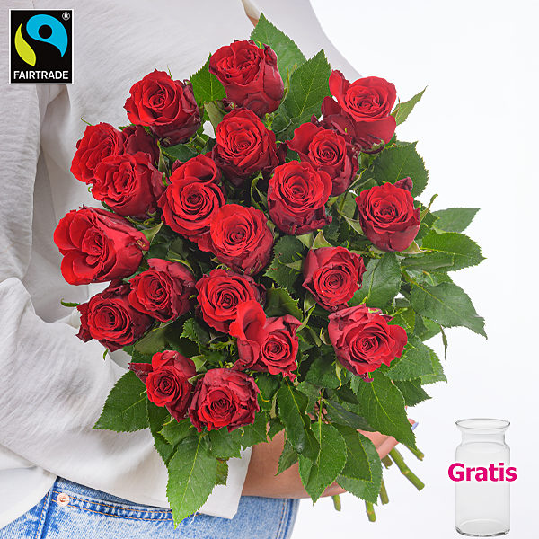 Rote Fairtrade Rosen im Bund mit Vase