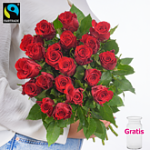 Rote Fairtrade Rosen im Bund mit Vase