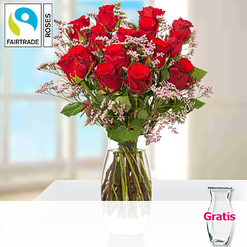 15 rote Fairtrade Rosen im Bund mit Limonium mit Vase