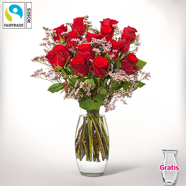 15 rote Fairtrade Rosen im Bund mit Limonium mit Vase