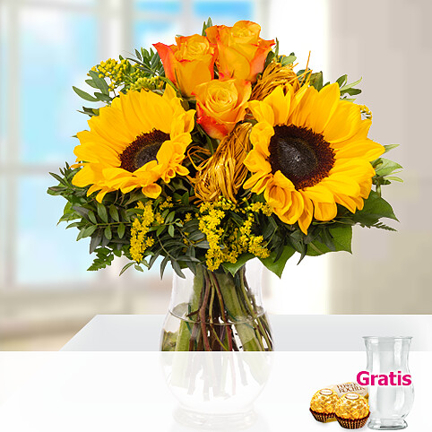 Blumenstrauß Sonnenkuss mit Vase & 2 Ferrero Rocher