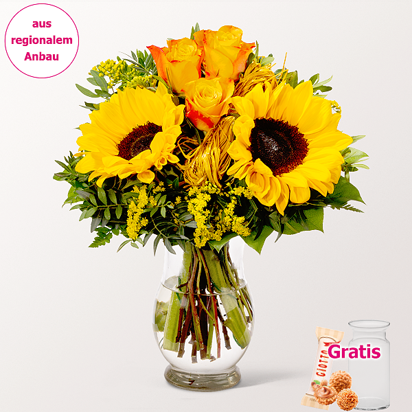 Blumenstrauß Sonnenkuss mit Vase & Ferrero Giotto 3er