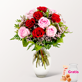 Rosenstrauß Rosenharmonie mit Vase & Ferrero Giotto 3er