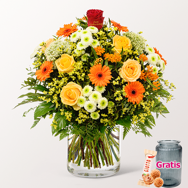 Premiumstrauß Surprise mit Premiumvase & Ferrero Giotto 3er