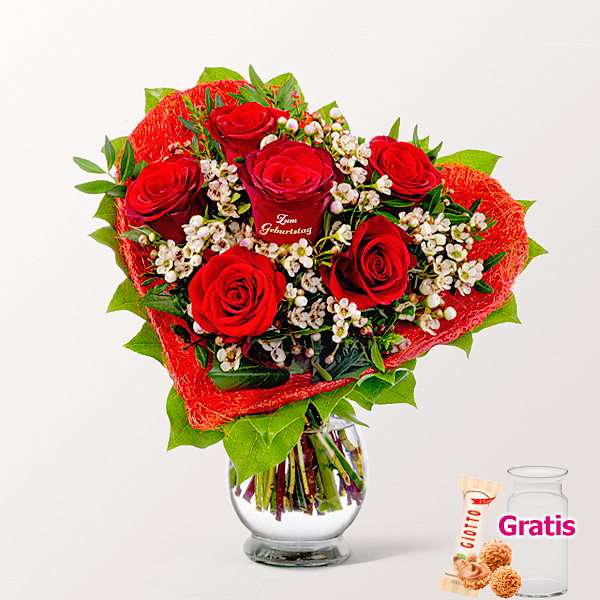 Rosenherz „Zum Geburtstag“ mit Vase & Ferrero Giotto 3er