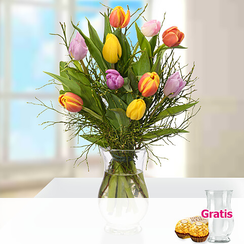 Blumenbund Frühlingsglück mit Vase & 2 Ferrero Rocher