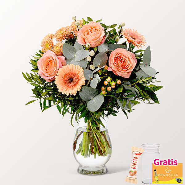 Blumenstrauß Kleines Glück mit Vase & Ferrero Giotto 3er & Teaballs