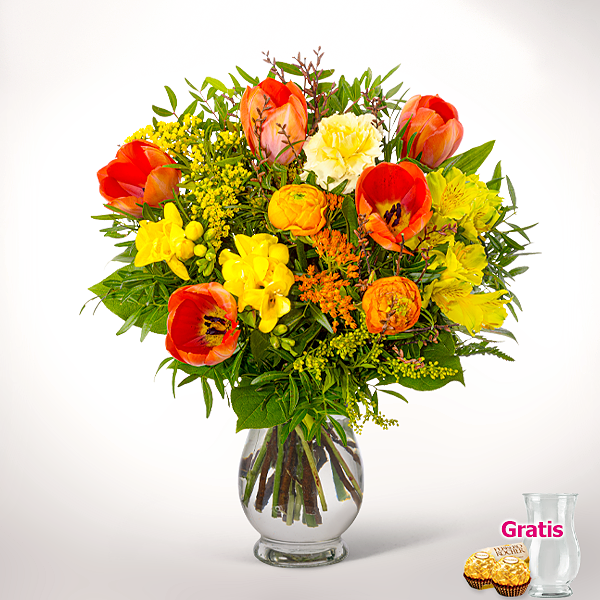 Blumenstrauß Frühlingsstrahl mit Vase & 2 Ferrero Rocher