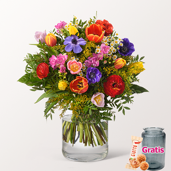 Premiumstrauß Frühlingsfreude mit Premiumvase & Ferrero Giotto 3er