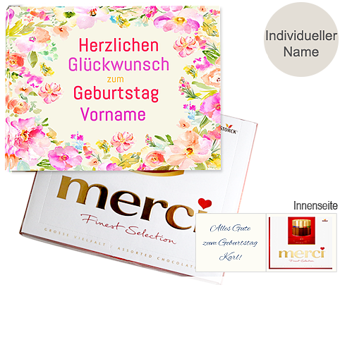 Persönliche Grußkarte mit Merci: Herzlichen Glückwunsch zum Geburtstag 