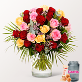 Premiumstrauß Rosenfest mit Premiumvase & Ferrero Giotto 3er