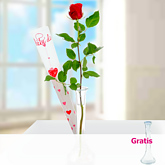 Rote, langstielige Rose in Köcher mit Herzen 