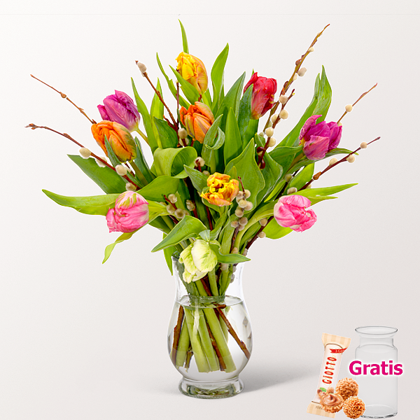 10 Papageientulpen mit Weidenkätzchen mit Vase