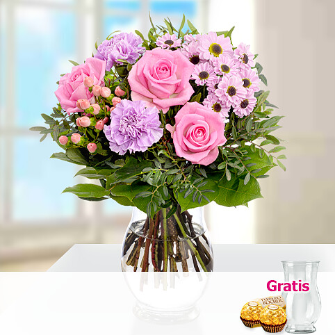 Blumenstrauß Blütengruß mit Vase & 2 Ferrero Rocher