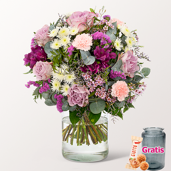 Premiumstrauß Liebestraum mit Premiumvase & Ferrero Giotto 3er