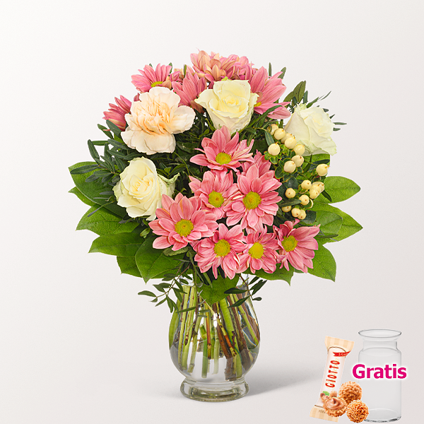 Blumenstrauß Frühlingsbrise mit Vase & Ferrero Giotto 3er