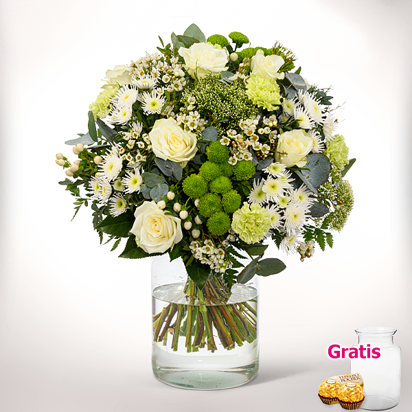 Premiumstrauß Ode an den Frühling mit Premiumvase & 2 Ferrero Rocher