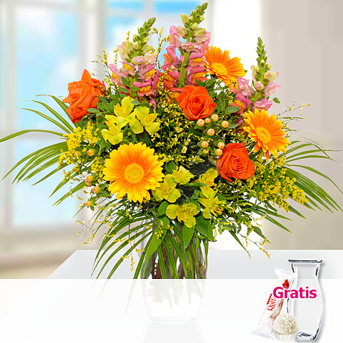 Blumenstrauß Sonnenschein mit Vase & Ferrero Raffaello