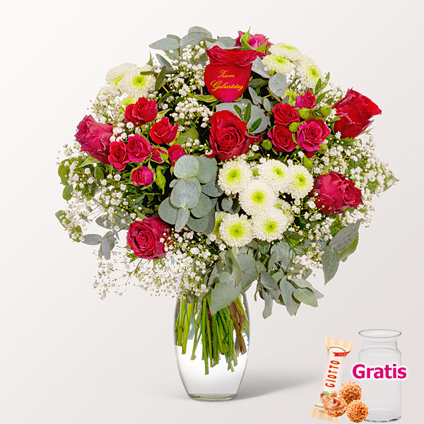 Blumenstrauß „Zum Geburtstag“ mit Vase & Ferrero Giotto 3er