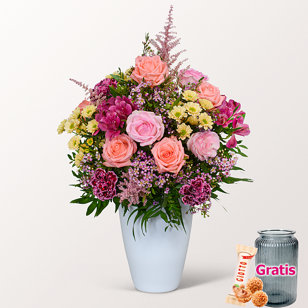 Premiumstrauß Du bist die Beste mit Premiumvase & Ferrero Giotto 3er