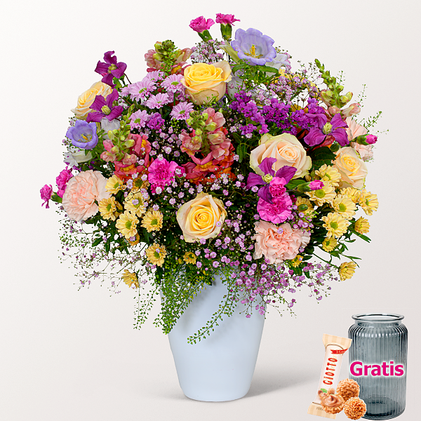 Premiumstrauß Blütenkuss mit Premiumvase & Ferrero Giotto 3er