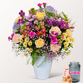 Premiumstrauß Blütenkuss mit Premiumvase & Ferrero Giotto 3er