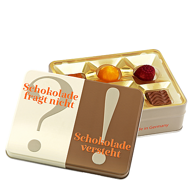 Präsentdose „Schokolade fragt nicht“ Präsentdose „Schokolade fragt nicht“