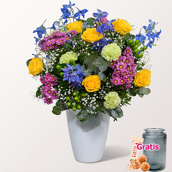 Premiumstrauß Farbspiel mit Premiumvase & Ferrero Giotto 3er