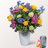 Premiumstrauß Farbspiel mit Premiumvase & Ferrero Giotto 3er