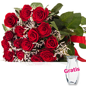 15 rote Rosen mit <br>Limonium